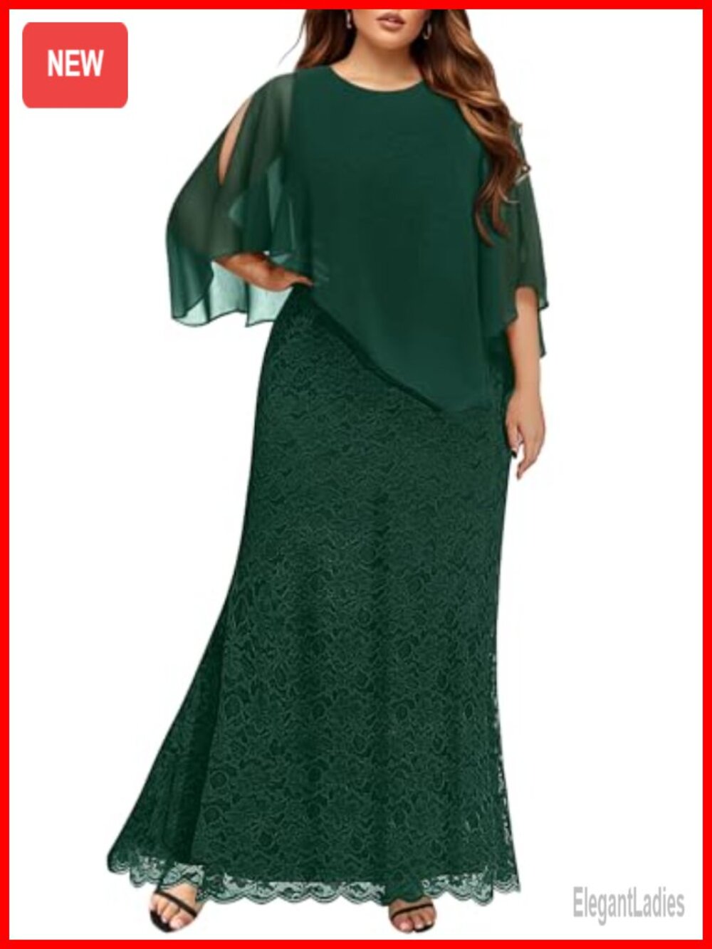 Plus Formal Evening Gown Chiffon Cape Lace Mermaid Long Dress